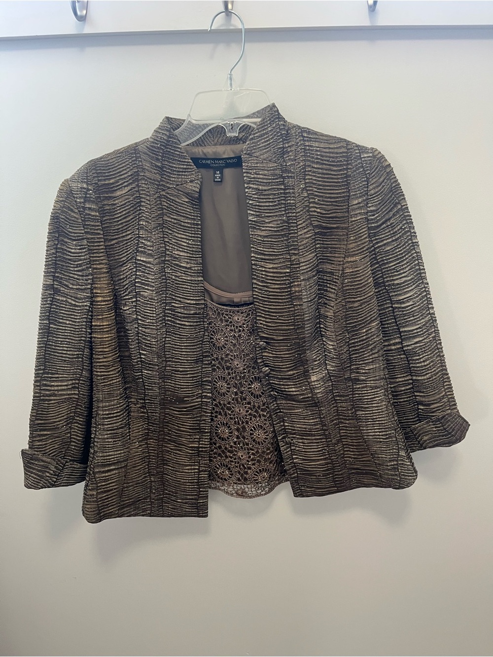 Carmen Marc Valvo Metallic Bronze Textured Open Jacket